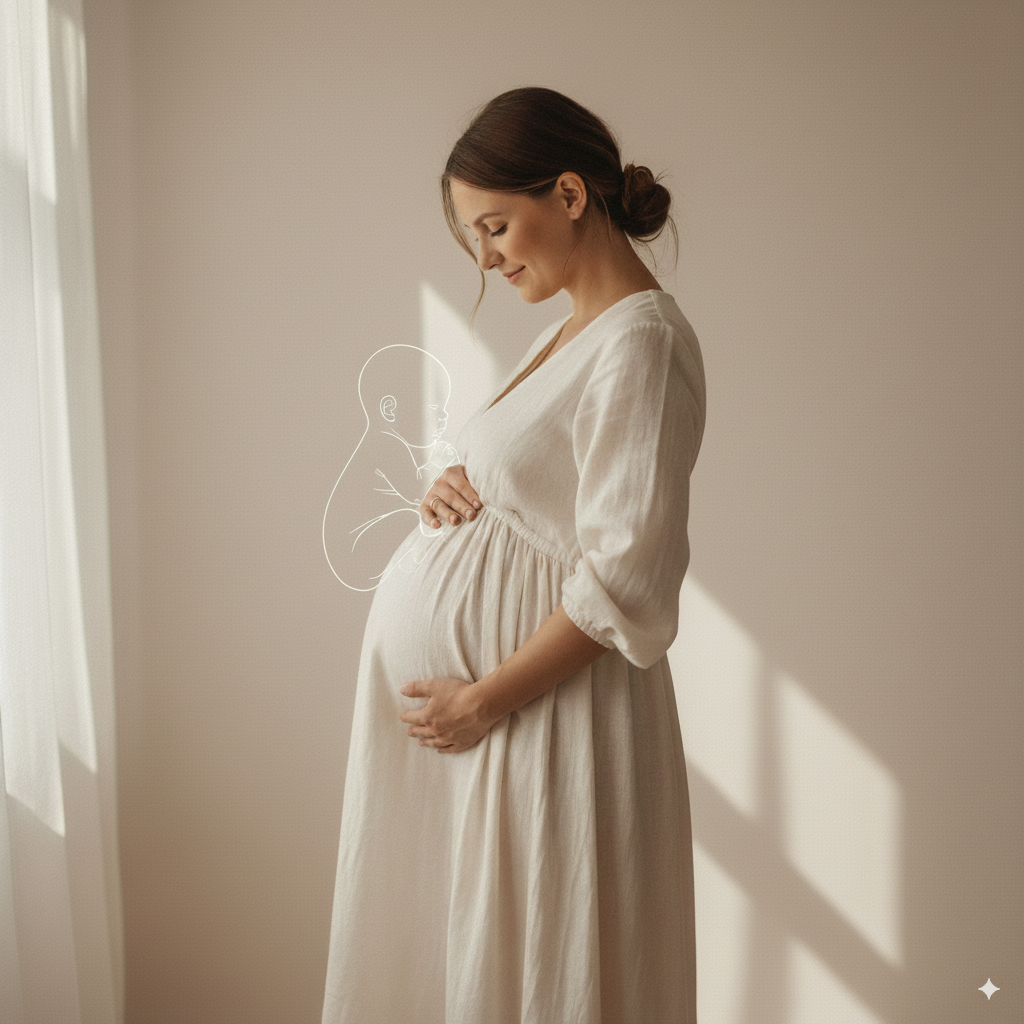 Gravid kvinna i vit klänning som håller om sin mage